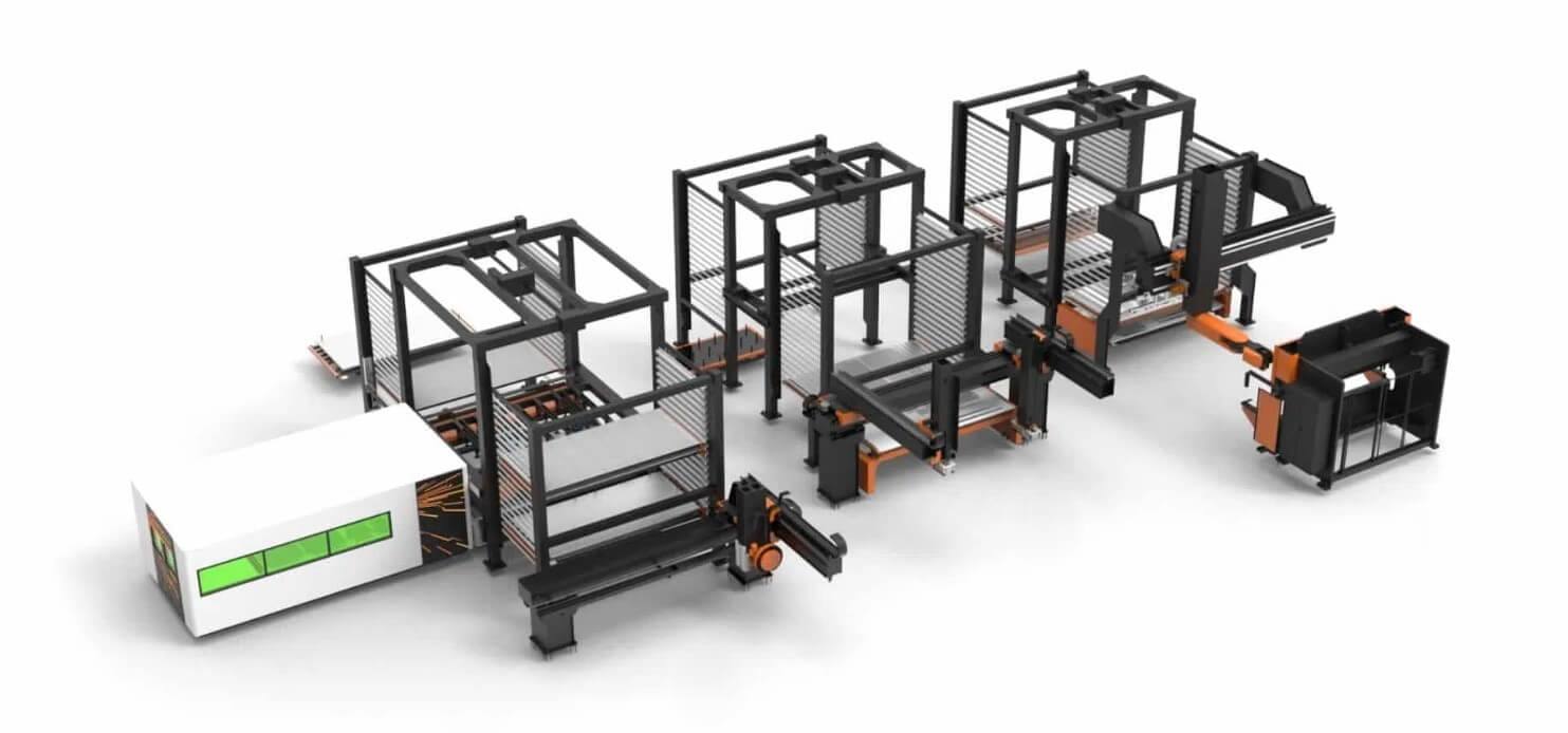 Ligne Lucas Smart Tower System : laser, tours de stockage, robot de chargement et plieuse